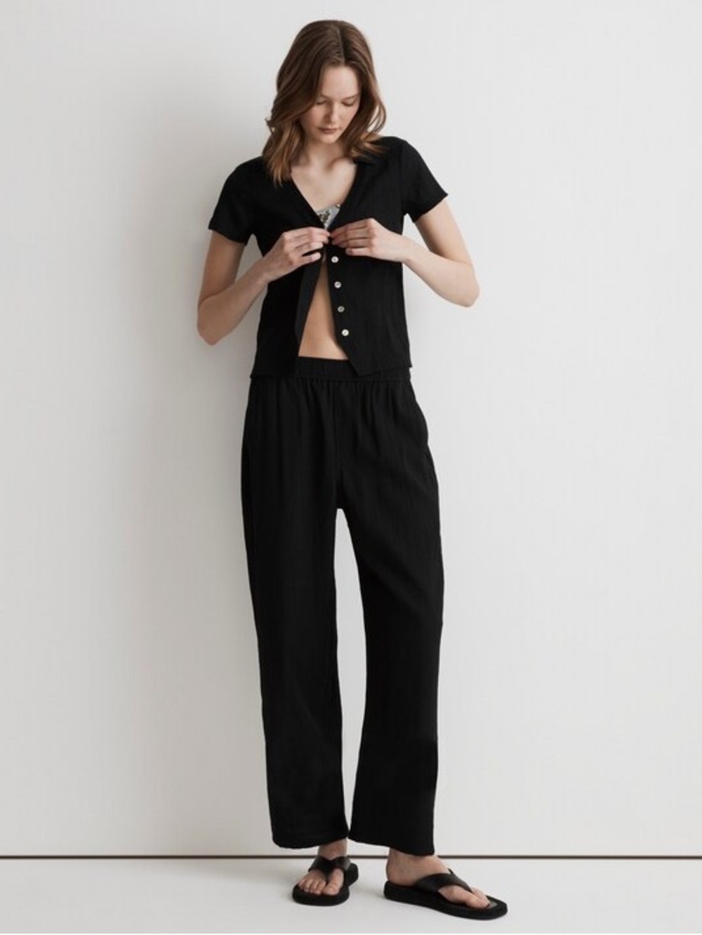 Madewell Notched V-Neck Button-Up Top Short Sleeve Black Size Medium NL056 - Picture 2 of 14